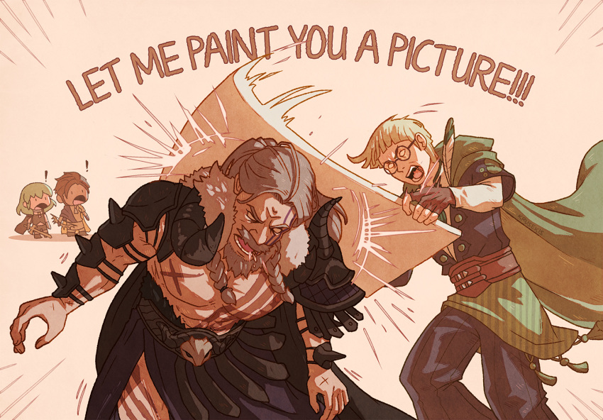 1girl, 3boys, armor, attack, beard, black_armor, bow_(weapon), canvas_(object)