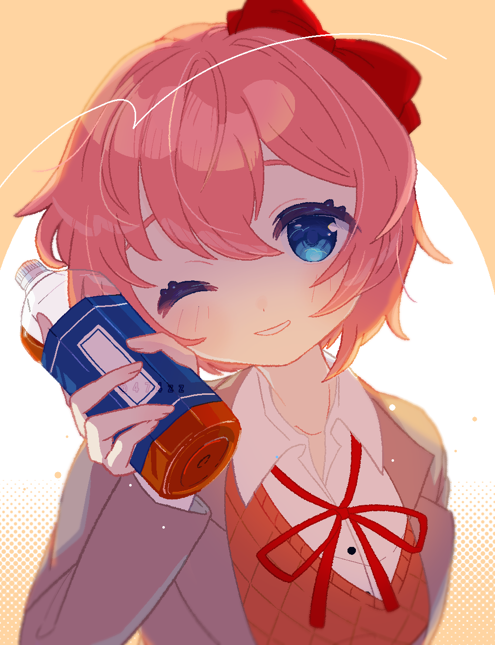 1girl, ;), anzen_robo_(474zz), artist_name, blazer, blue_eyes, blush, bottle