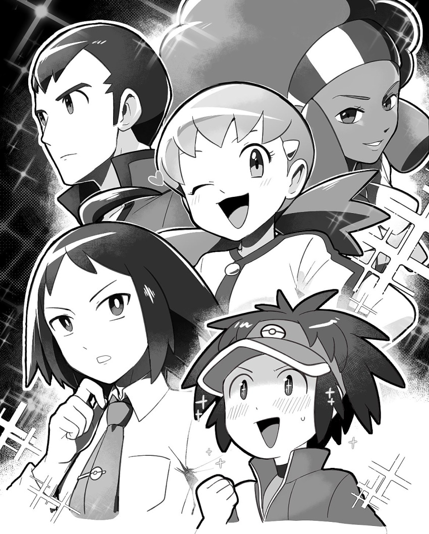 2girls, 3boys, blush, cheren_(pokemon), clenched_hand, collared_shirt, greyscale, hair_ornament