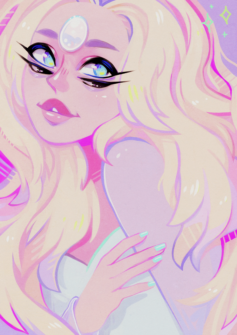 1girl, black_eyes, blue_eyes, colored_skin, dress, extra_eyes, gem, long_hair