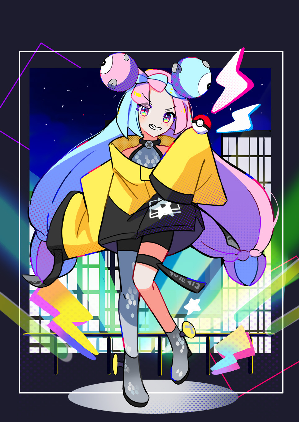 1girl, bike_shorts, blush, boots, bow-shaped_hair, character_hair_ornament, commentary_request, framed, full_body, green_hair, grey_footwear, grey_pantyhose, grey_shirt, grin, hair_ornament, hand_up, highres, iono_(pokemon), jacket, lightning_bolt_symbol, looking_at_viewer, makkusu_(max071500), multicolored_hair, pantyhose, pink_hair, poke_ball, poke_ball_(basic), pokemon, pokemon_(game), pokemon_sv, shirt, single_leg_pantyhose, sleeveless, sleeveless_shirt, sleeves_past_fingers, sleeves_past_wrists, smile, solo, standing, star_(symbol), teeth, thigh_strap, twintails, two-tone_hair, yellow_jacket