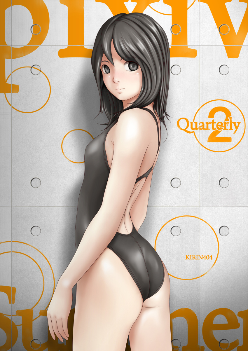 ass, black_eyes, black_hair, competition_swimsuit, freckles, highres, kirin404, looking_back, one-piece_swimsuit, original, short_hair, solo, swimsuit