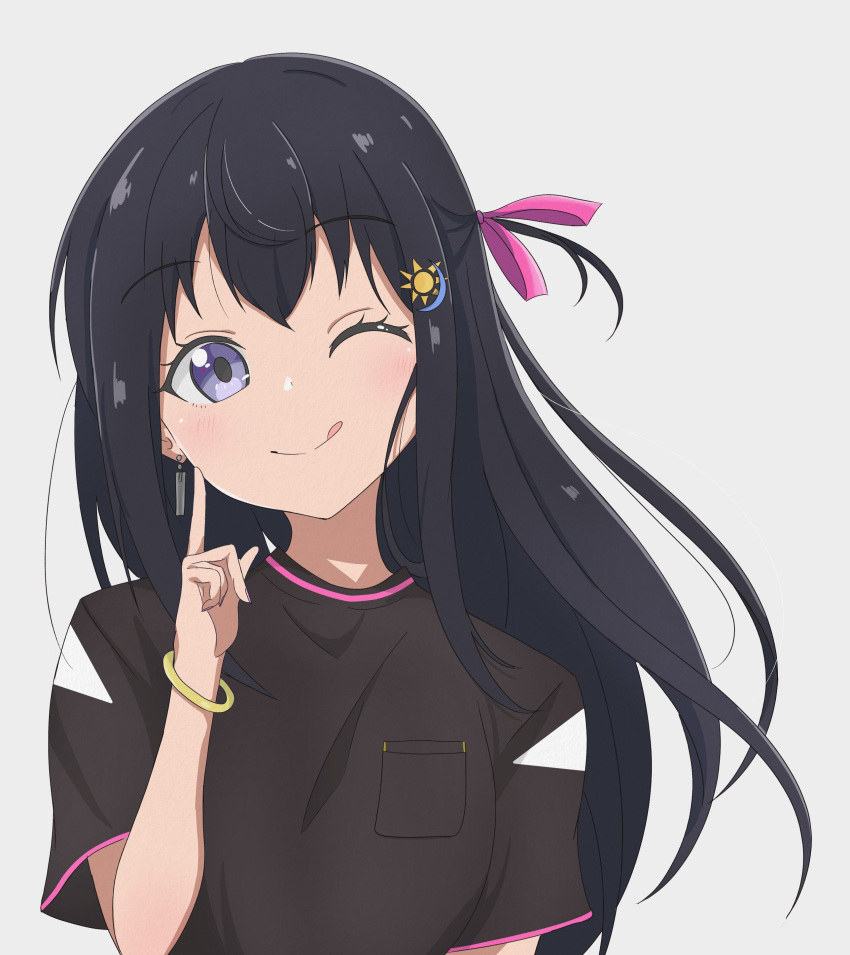 :q, absurdres, black_hair, blush, bracelet, breast_pocket, brown_shirt, closed_mouth
