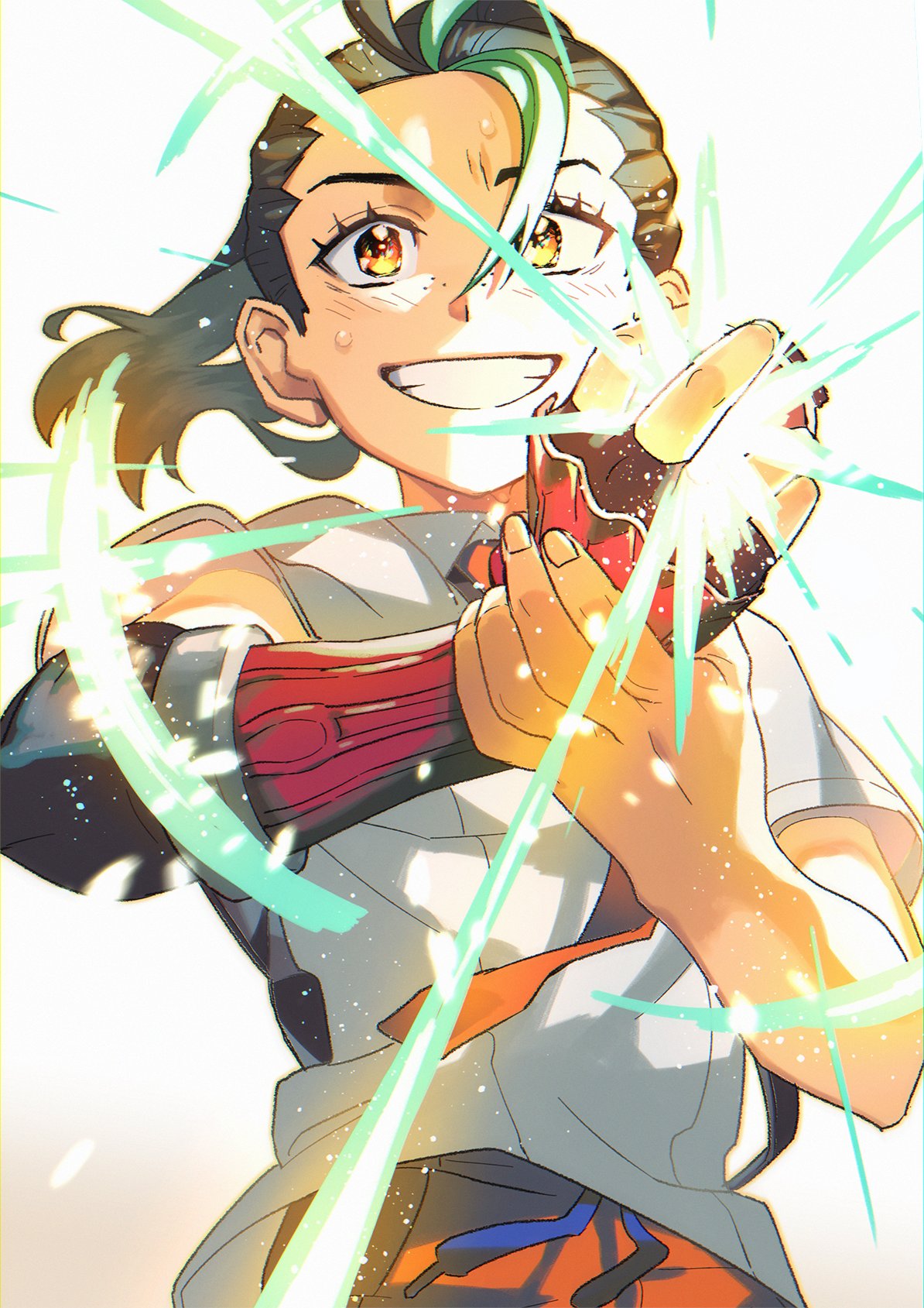 1girl, black_gloves, black_hair, fingerless_gloves, freckles, gloves, green_hair, grin