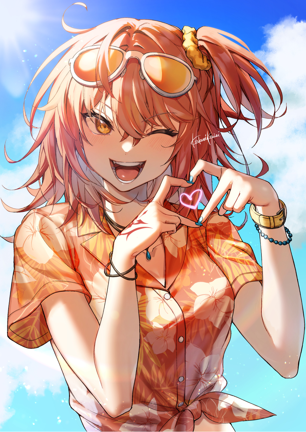 1girl, ahoge, blue_sky, breasts, clouds, day, eyewear_on_head, fate/grand_order