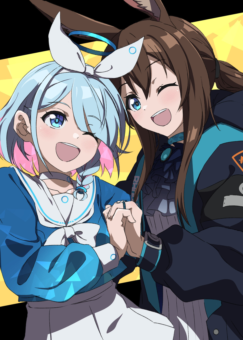 2girls, absurdres, amiya_(arknights), animal_ears, arknights, arona_(blue_archive), ascot, black_jacket