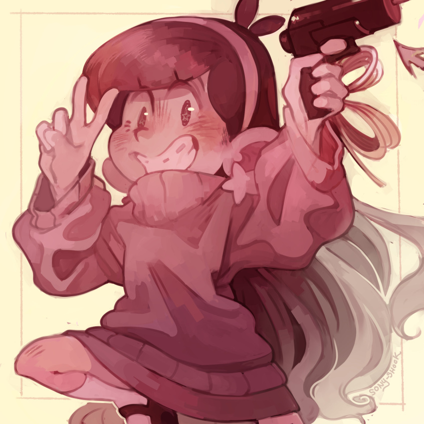 1girl, black_footwear, blush, braces, commission, earrings, english_commentary, grappling_hook, gravity_falls, grin, gun, hairband, highres, holding, holding_gun, holding_weapon, jewelry, long_hair, long_sleeves, mabel_pines, mary_janes, monochrome, shoes, skirt, smile, socks, solo, sony-shock, star_(symbol), star_earrings, sweater, v, very_long_hair, weapon, white_socks