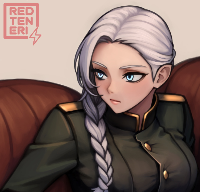 1girl, absurdres, blue_eyes, braid, breasts, couch, elf, highres