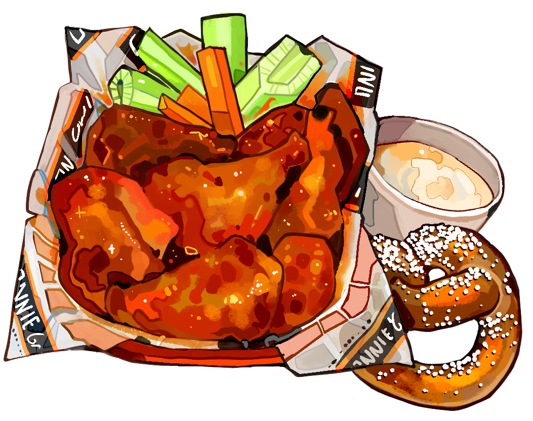 buffalo_wings, carrot, celery, chicken_(food), commentary, cup, drink, english_commentary