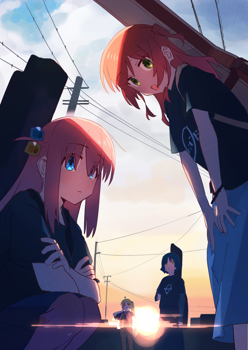 4girls, 6o2_(rokumaruni), absurdres, black_shirt, blue_eyes, bocchi_the_rock!, closed_mouth, clouds, commentary_request, crossed_arms, cube_hair_ornament, gotoh_hitori, green_eyes, guitar_case, hair_ornament, highres, ijichi_nijika, instrument_case, kita_ikuyo, leaning_forward, long_hair, looking_at_viewer, multiple_girls, one_side_up, open_mouth, outdoors, pink_hair, shirt, short_sleeves, sidelocks, squatting, standing, sun, t-shirt, utility_pole, yamada_ryo