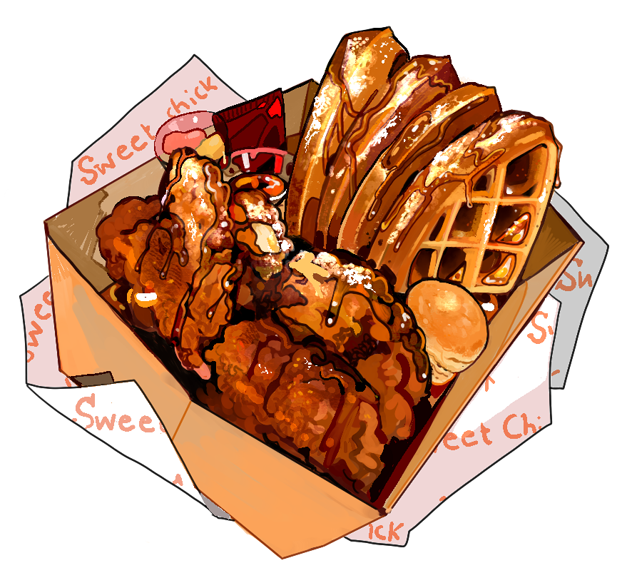 box, chicken_(food), commentary, english_commentary, fast_food, food, food_focus, jadenvargen, no_humans, original, paper, simple_background, still_life, syrup, waffle, white_background, wrapper