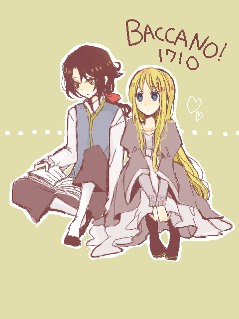 1boy, 1girl, baccano!, blonde_hair, blue_eyes, book, brown_hair, couple