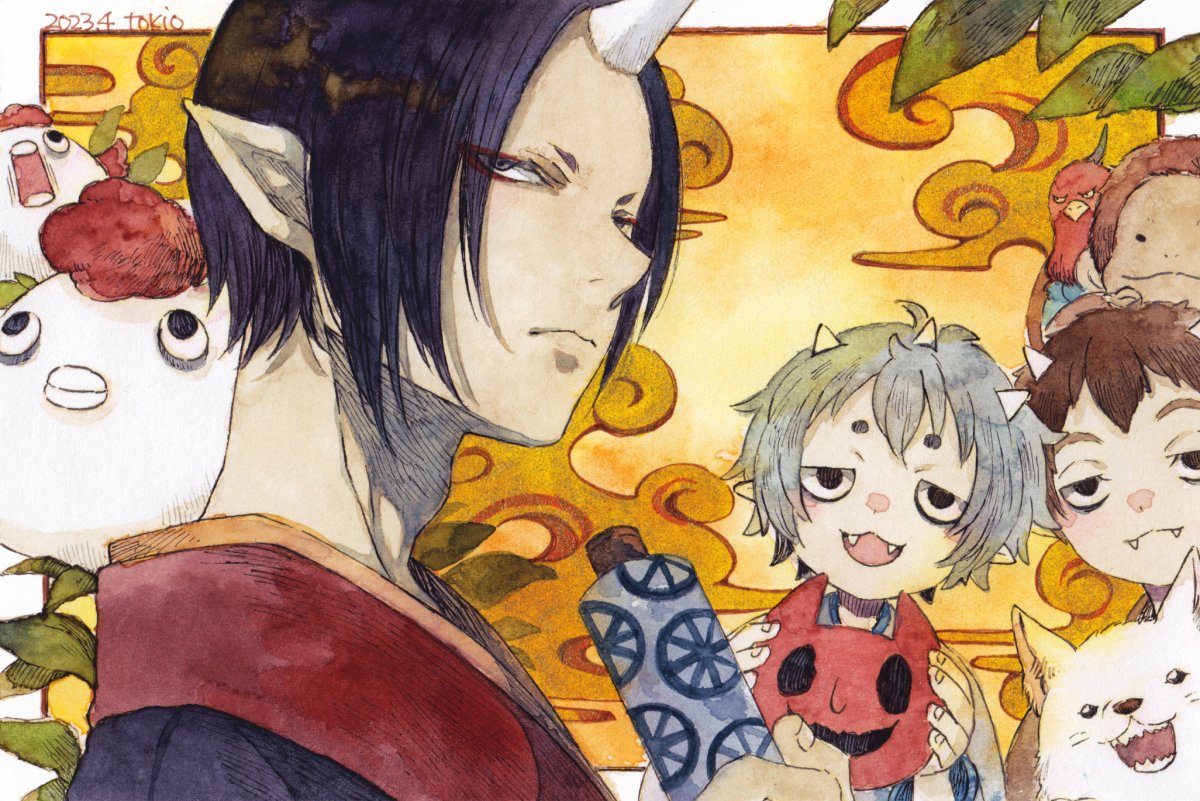 3boys, artist_name, bags_under_eyes, bird, black_eyes, black_hair, black_socks, brown_hair