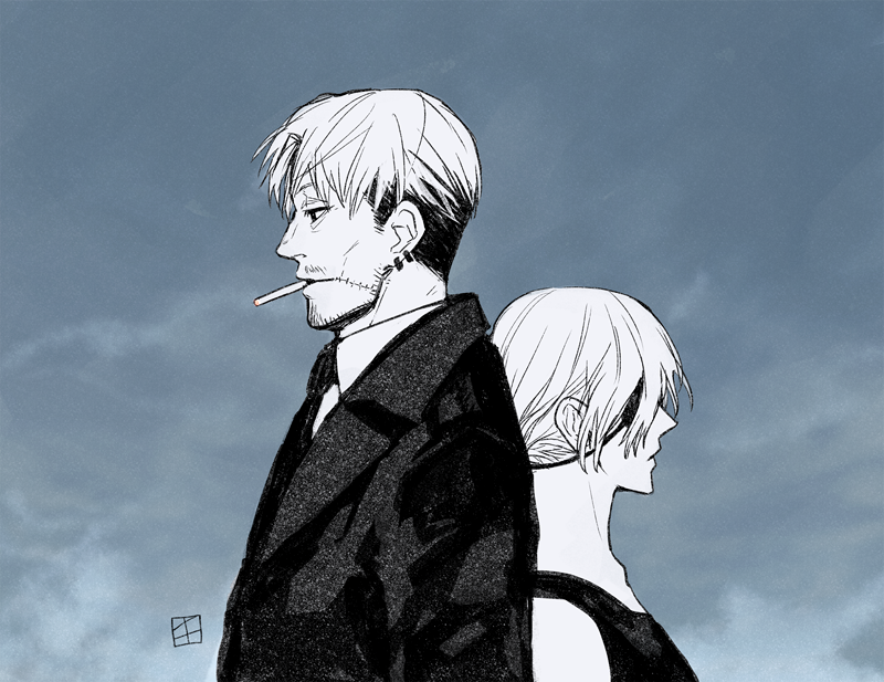 1boy, 1girl, artist_logo, back-to-back, black_necktie, black_tank_top, chainsaw_man, cigarette