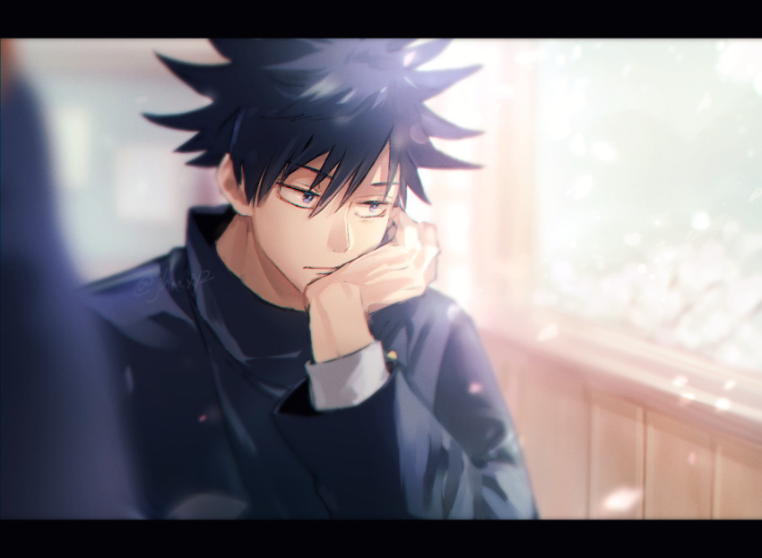 1boy, black_hair, black_jacket, blue_eyes, closed_mouth, fushiguro_megumi, hand_up, head_rest