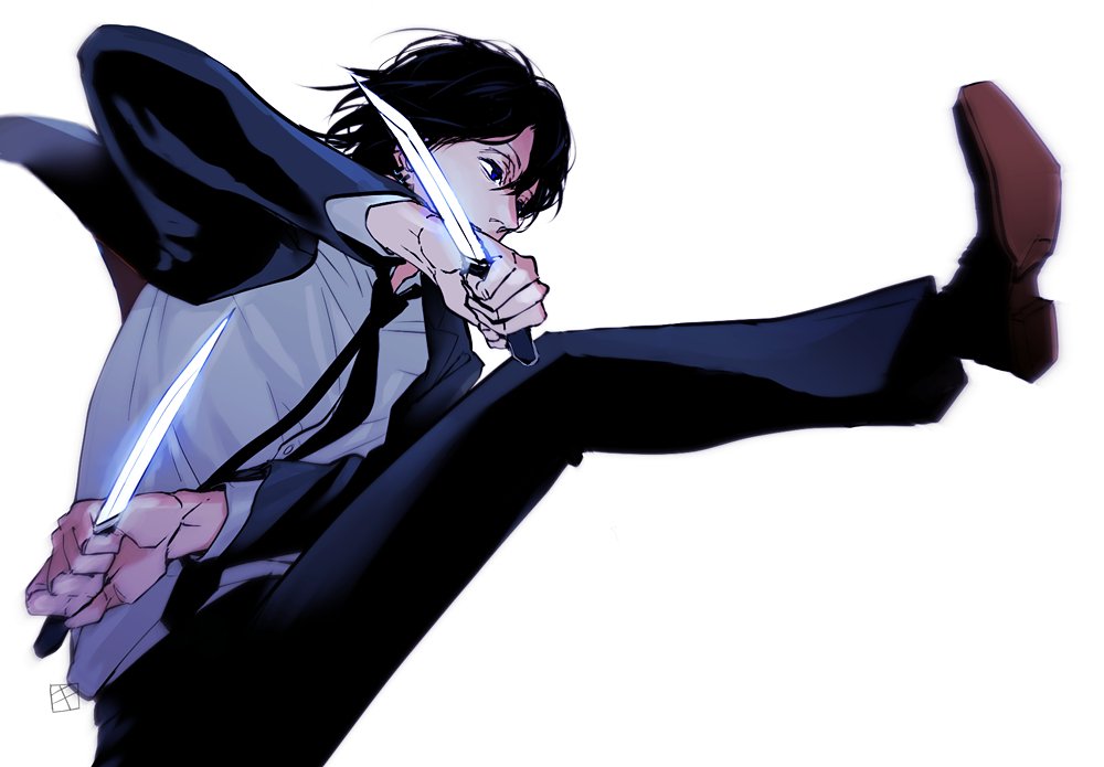 1boy, artist_logo, black_hair, black_jacket, black_necktie, black_pants, blue_eyes, chainsaw_man
