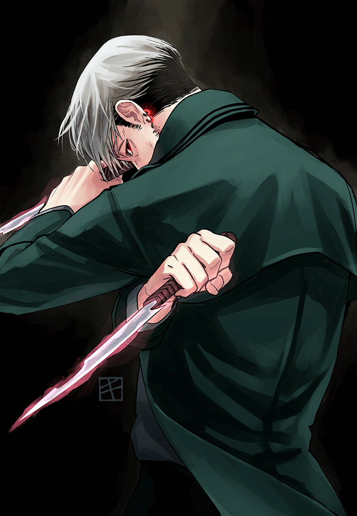 1boy, black_coat, chainsaw_man, coat, curtained_hair, dark_background, dual_wielding, ear_piercing