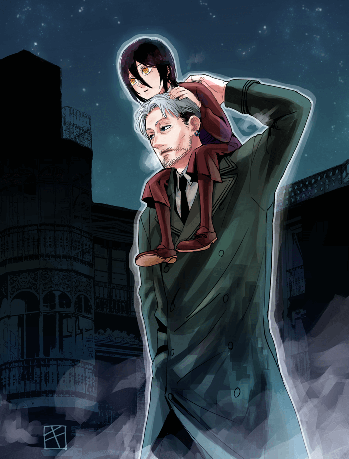 1boy, 1girl, artist_logo, black_coat, black_dress, black_hair, black_necktie, carrying