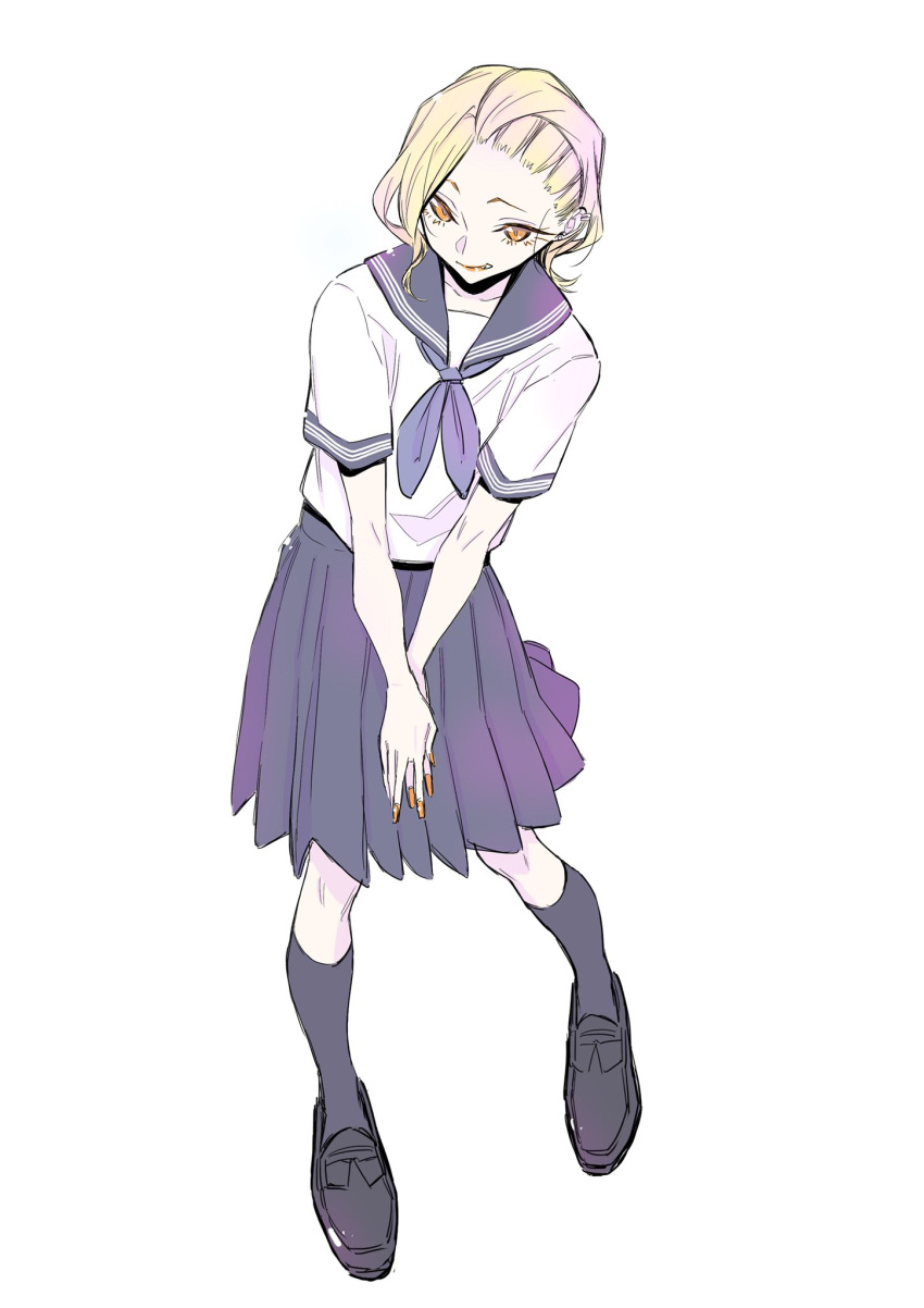 1girl, anjou_(yancha_gal), blonde_hair, earrings, grey_footwear, grey_sailor_collar, grey_skirt, grey_socks