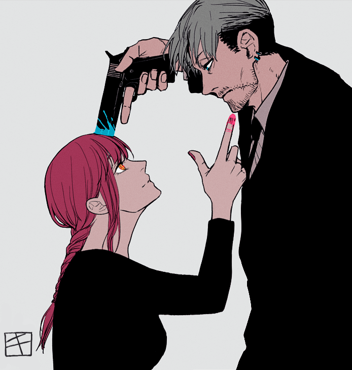 1boy, 1girl, artist_logo, black_dress, black_necktie, blood, blood_on_hands, blood_on_weapon, braid, braided_ponytail, chainsaw_man, collared_shirt, curtained_hair, dress, ear_piercing, facial_hair, finger_gun, finger_gun_to_head, grey_background, grey_hair, gun, handgun, holding, holding_gun, holding_weapon, kishibe_(chainsaw_man), kitunejima, looking_at_another, looking_down, looking_up, makima_(chainsaw_man), medium_hair, necktie, piercing, redhead, ringed_eyes, shirt, short_hair, sidelocks, simple_background, smile, stitched_mouth, stitches, stubble, stylized_blood, suit, undercut, weapon, white_shirt, yellow_eyes