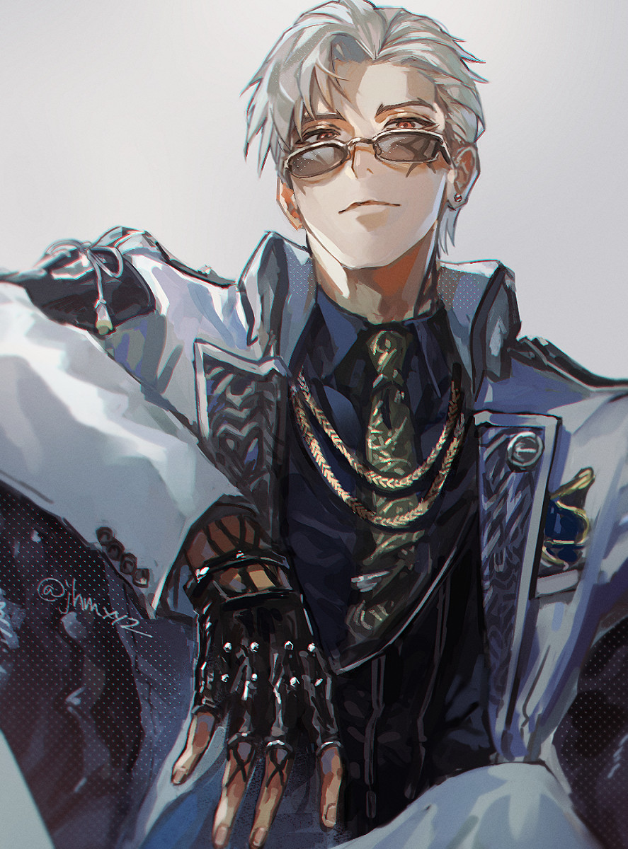 1boy, arm_up, black_gloves, black_necktie, black_shirt, closed_mouth, collared_shirt, ear_piercing
