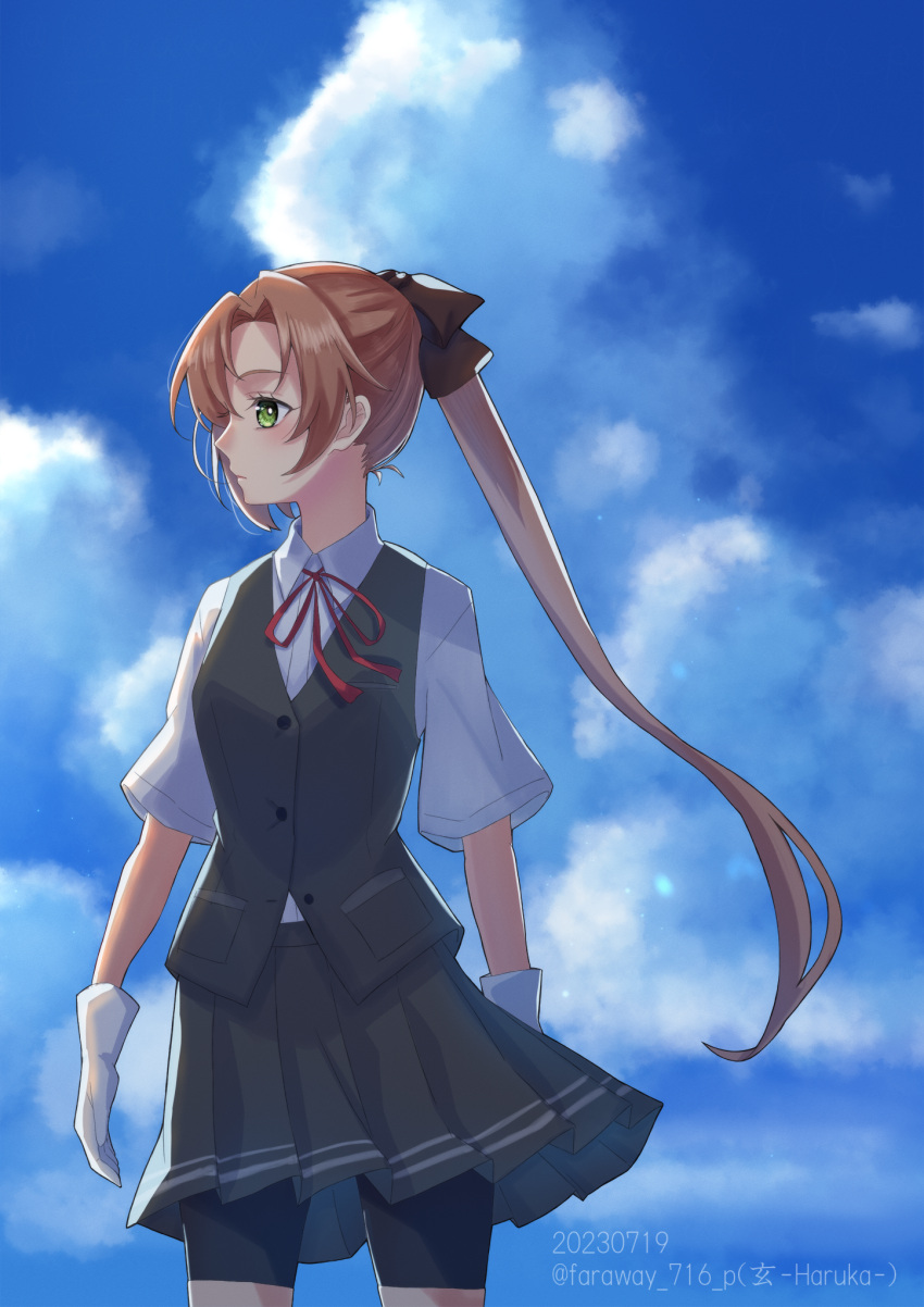1girl, akigumo_(kancolle), bike_shorts, bike_shorts_under_skirt, black_shorts, black_skirt, blue_sky, brown_hair, clouds, collared_shirt, cosplay, cowboy_shot, day, gloves, green_eyes, grey_vest, hair_ribbon, haruka_faraway716, highres, kantai_collection, long_hair, miniskirt, neck_ribbon, pleated_skirt, ponytail, red_ribbon, ribbon, school_uniform, shiranui_(kancolle), shiranui_(kancolle)_(cosplay), shirt, short_sleeves, shorts, shorts_under_skirt, skirt, sky, solo, standing, very_long_hair, vest, white_gloves, white_shirt