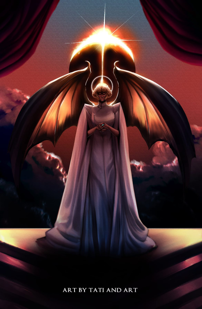 1girl, demon_girl, demon_wings, dress, halo, highres, long_sleeves, looking_at_viewer