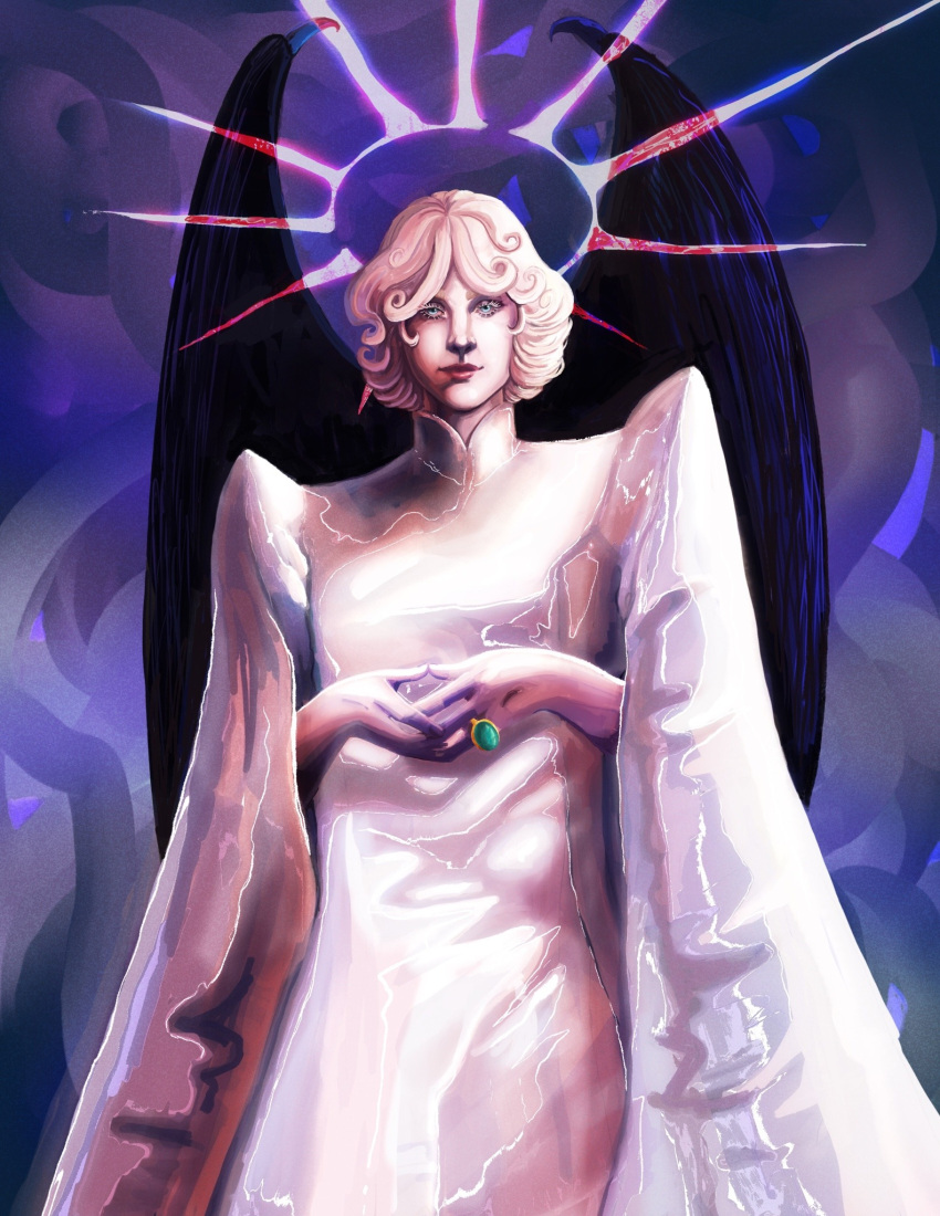 1girl, blue_eyes, dash-n-step, demon_girl, demon_wings, dress, expressionless, halo