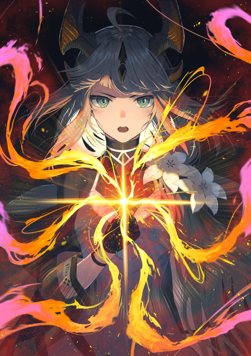 1girl, ahoge, arknights, black_background, black_dress, black_gloves, blonde_hair, dragon_girl