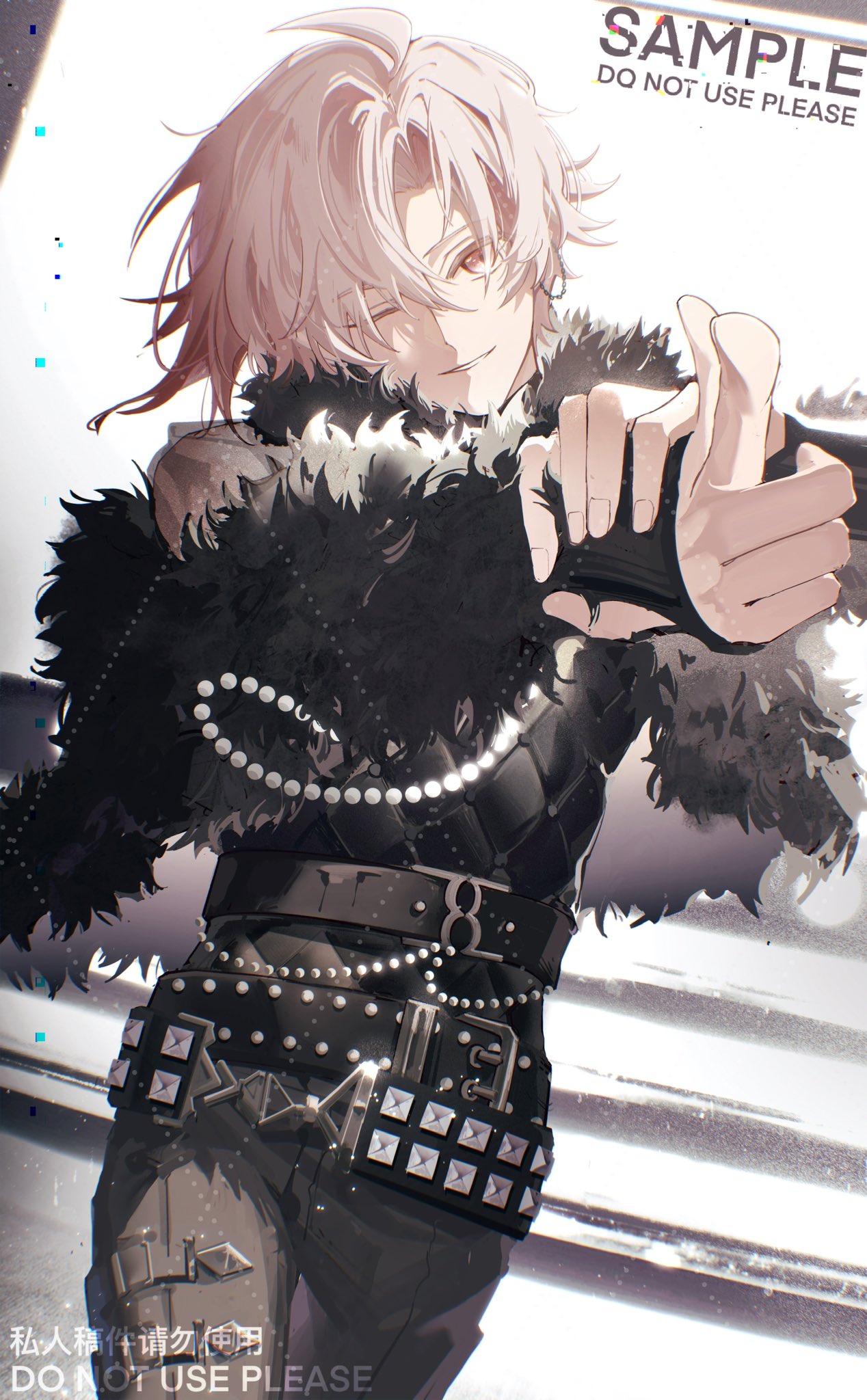 1boy, 25d03427899, belt, black_belt, black_jacket, black_pants, finger_gun, fur-trimmed_jacket