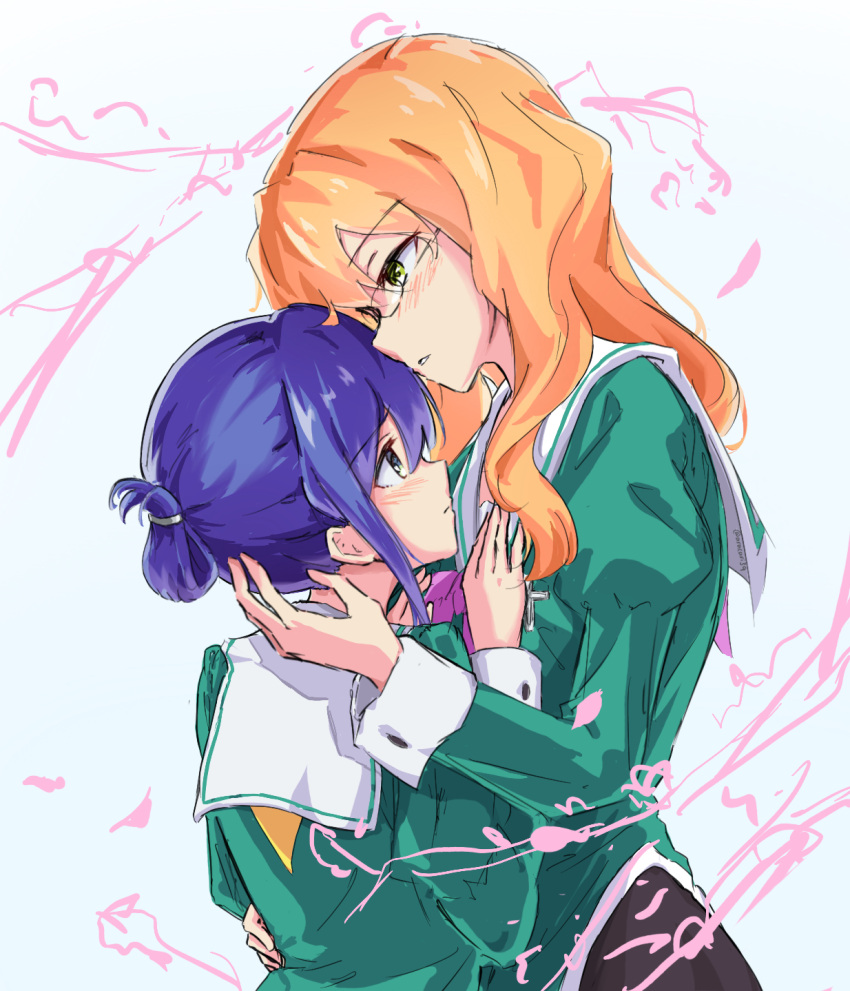 2girls, aracari, blue_hair, blush, buttoned_cuffs, chibana_sumika, closed_mouth, commentary