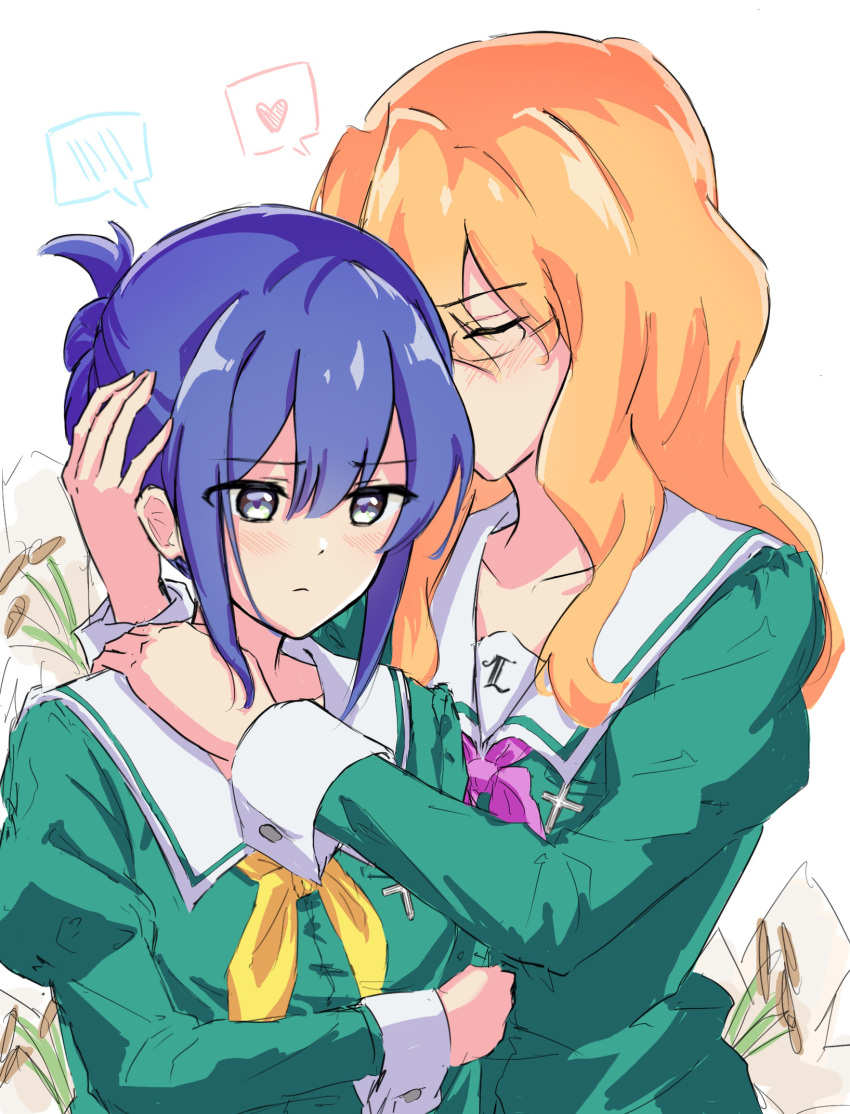 2girls, aracari, blue_hair, buttoned_cuffs, chibana_sumika, closed_eyes, closed_mouth, commentary
