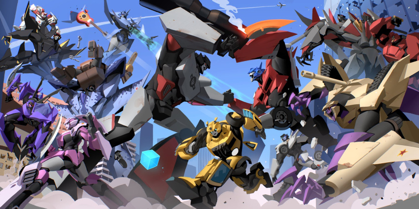 5girls, arcee, arm_blade, arm_cannon, assault_visor, autobot, battle, blitzwing