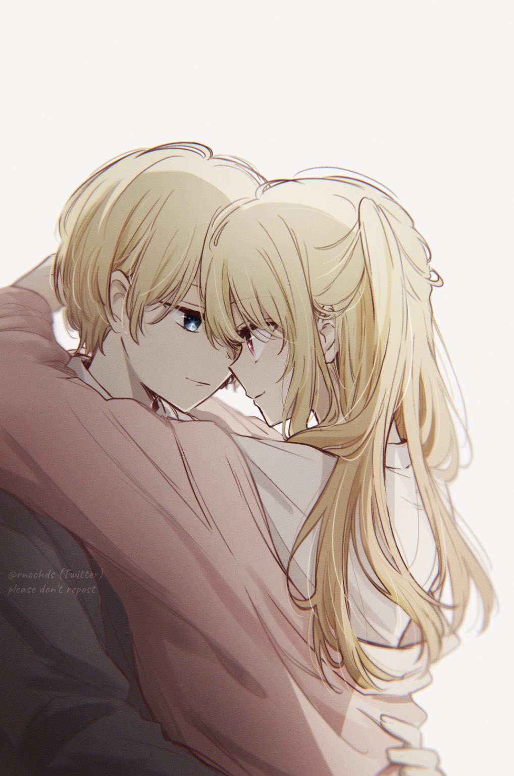 1boy, 1girl, blonde_hair, blue_eyes, brother_and_sister, cardigan, closed_mouth, collared_shirt