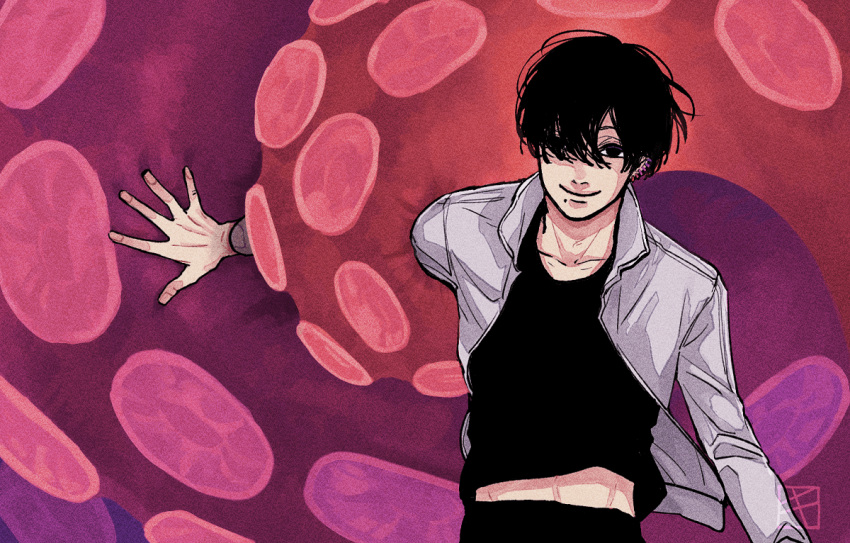 1boy, artist_logo, black_hair, black_pants, black_shirt, chainsaw_man, ear_piercing, hair_over_one_eye