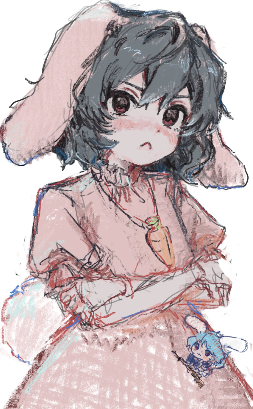 1girl, animal_ears, b_nosk101, black_hair, blush, closed_mouth, commentary_request, crossed_arms, dress, flat_chest, frown, grumpy, hair_between_eyes, highres, inaba_tewi, nose_blush, petite, pink_dress, puffy_short_sleeves, puffy_sleeves, rabbit_ears, rabbit_tail, red_eyes, short_hair, short_sleeves, simple_background, solo, tail, touhou, v-shaped_eyebrows, white_background