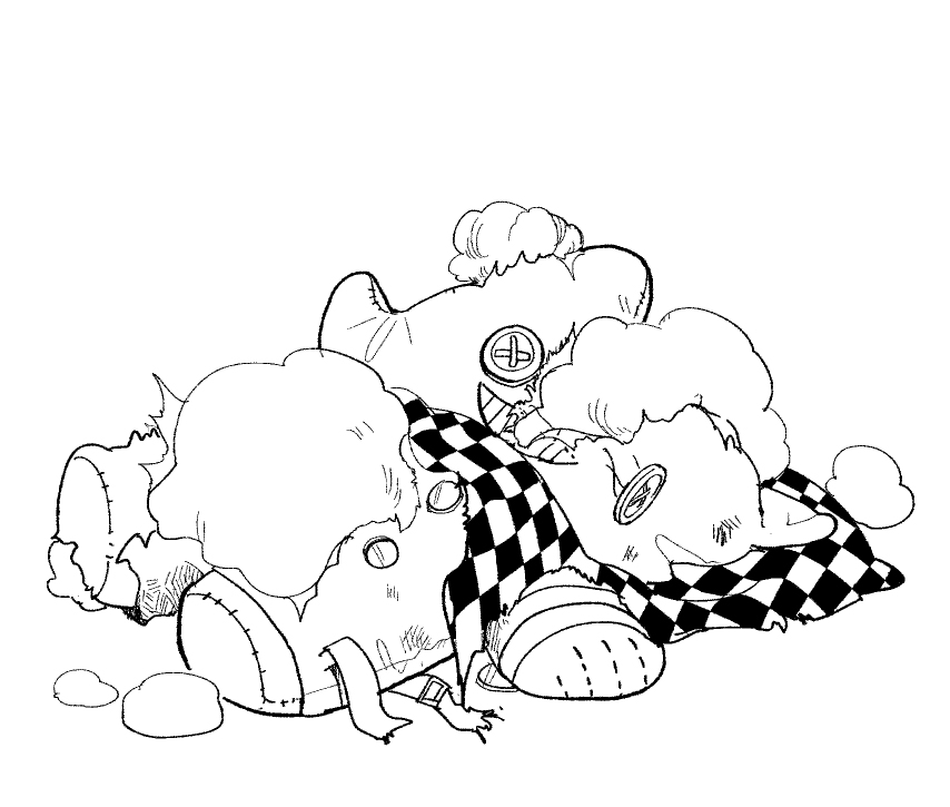 broken_toy, buttons, checkered_clothes, checkered_scarf, cosplay, danganronpa_(series), danganronpa_v3:_killing_harmony, greyscale