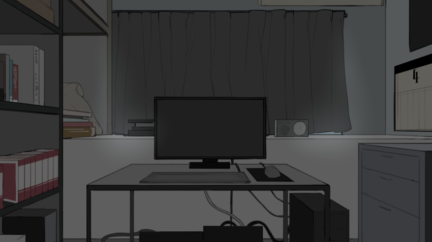 air_conditioner, alarm_clock, black_curtains, blue_screen_of_death, book, book_stack, bookshelf, cable