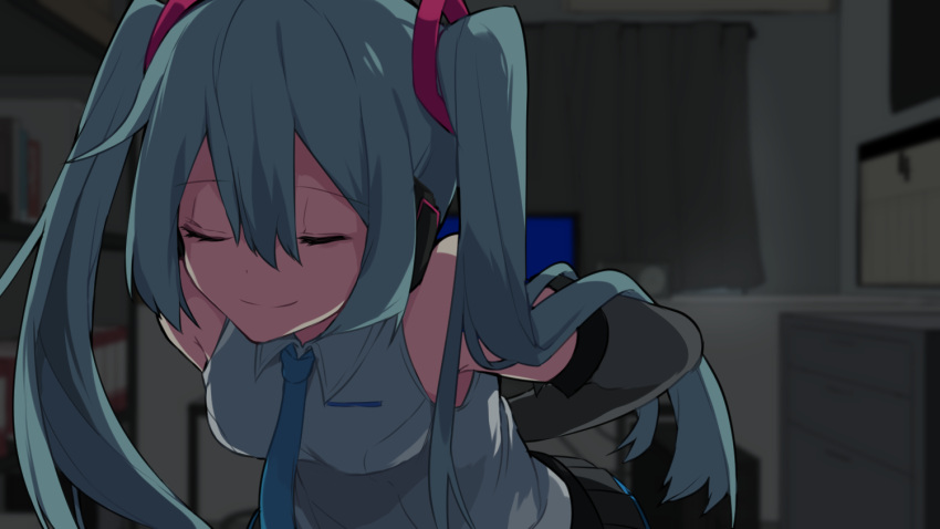 1girl, air_conditioner, armpit_crease, arms_behind_back, bare_shoulders, black_curtains, black_skirt, black_sleeves