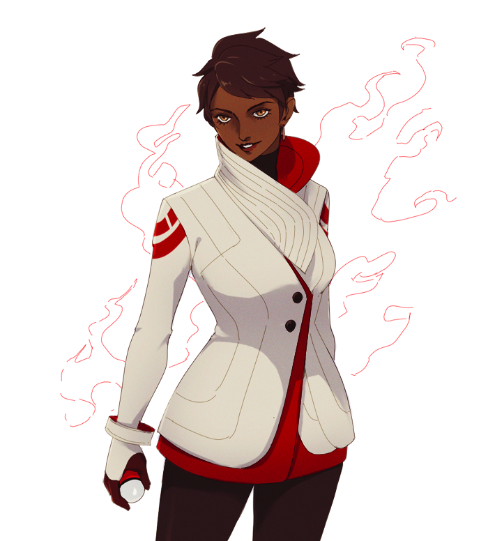 1girl, breasts, brown_eyes, brown_hair, candela_(pokemon), commentary, dark-skinned_female, dark_skin, earrings, english_commentary, hanpetos, holding, holding_poke_ball, jacket, jewelry, large_breasts, parted_lips, poke_ball, poke_ball_(basic), pokemon, pokemon_(game), pokemon_go, short_hair, smile, solo, turtleneck, very_dark_skin, white_jacket