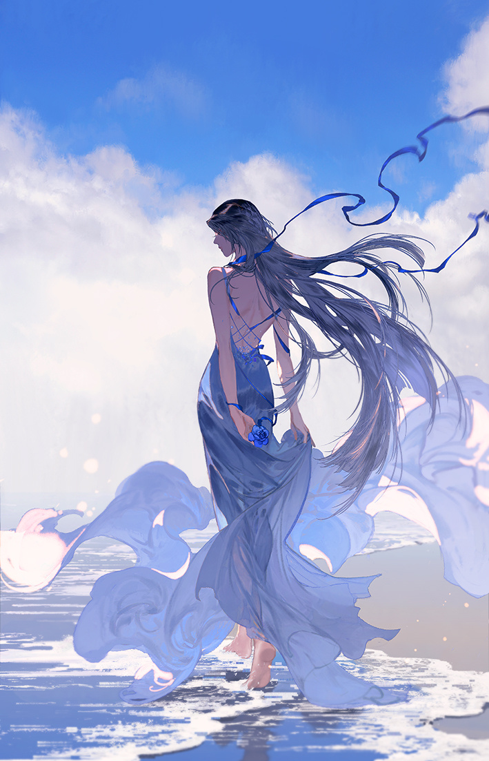 1girl, bare_back, bare_shoulders, barefoot, beach, black_hair, blue_dress, blue_flower