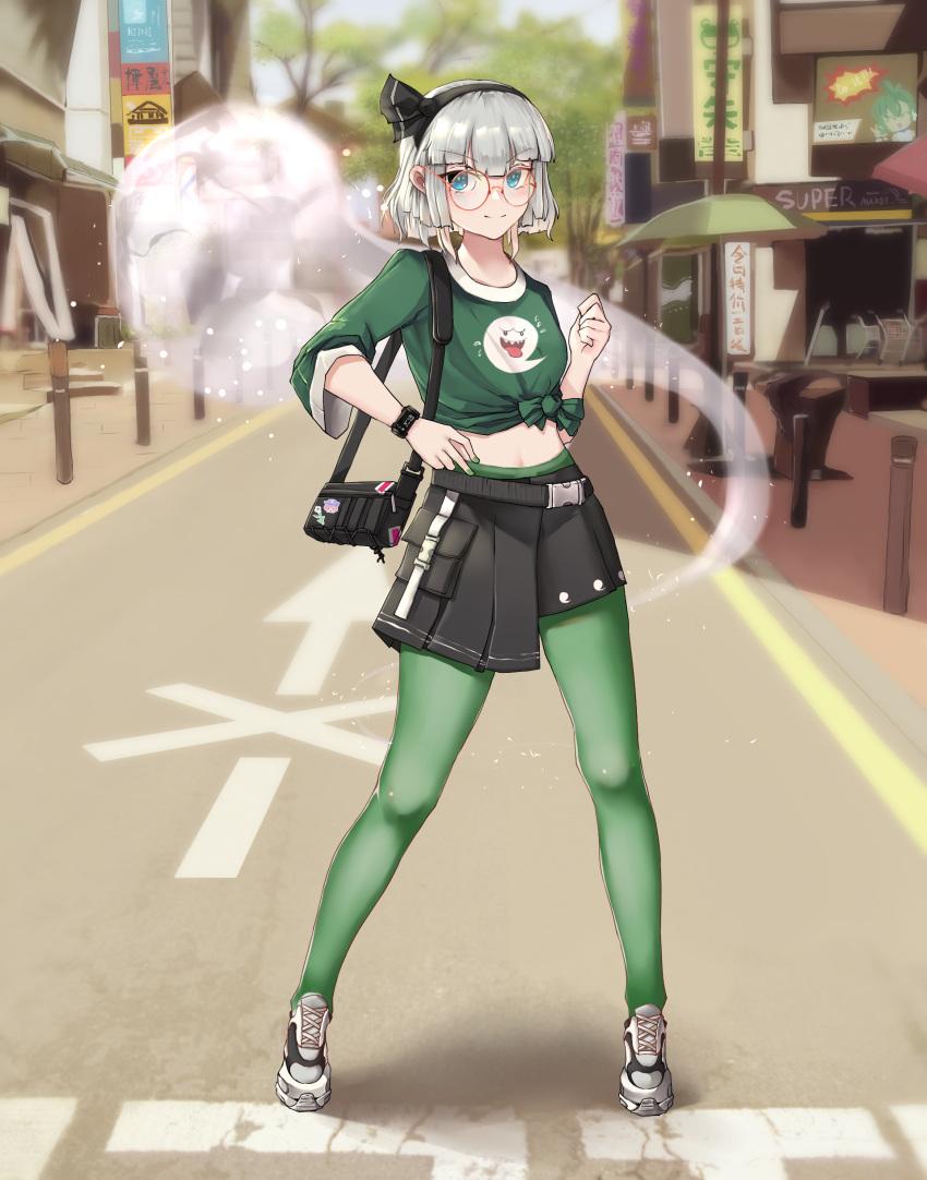 1girl, absurdres, asymmetrical_skirt, belt, black_hairband, black_ribbon, blue_eyes, bob_cut