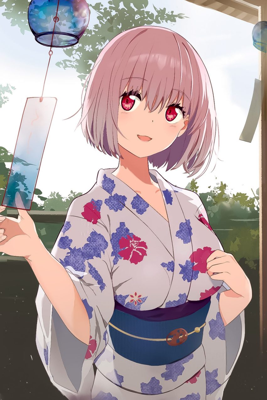 1girl, blue_sash, breasts, collarbone, floral_print, gridman_universe, highres, japanese_clothes
