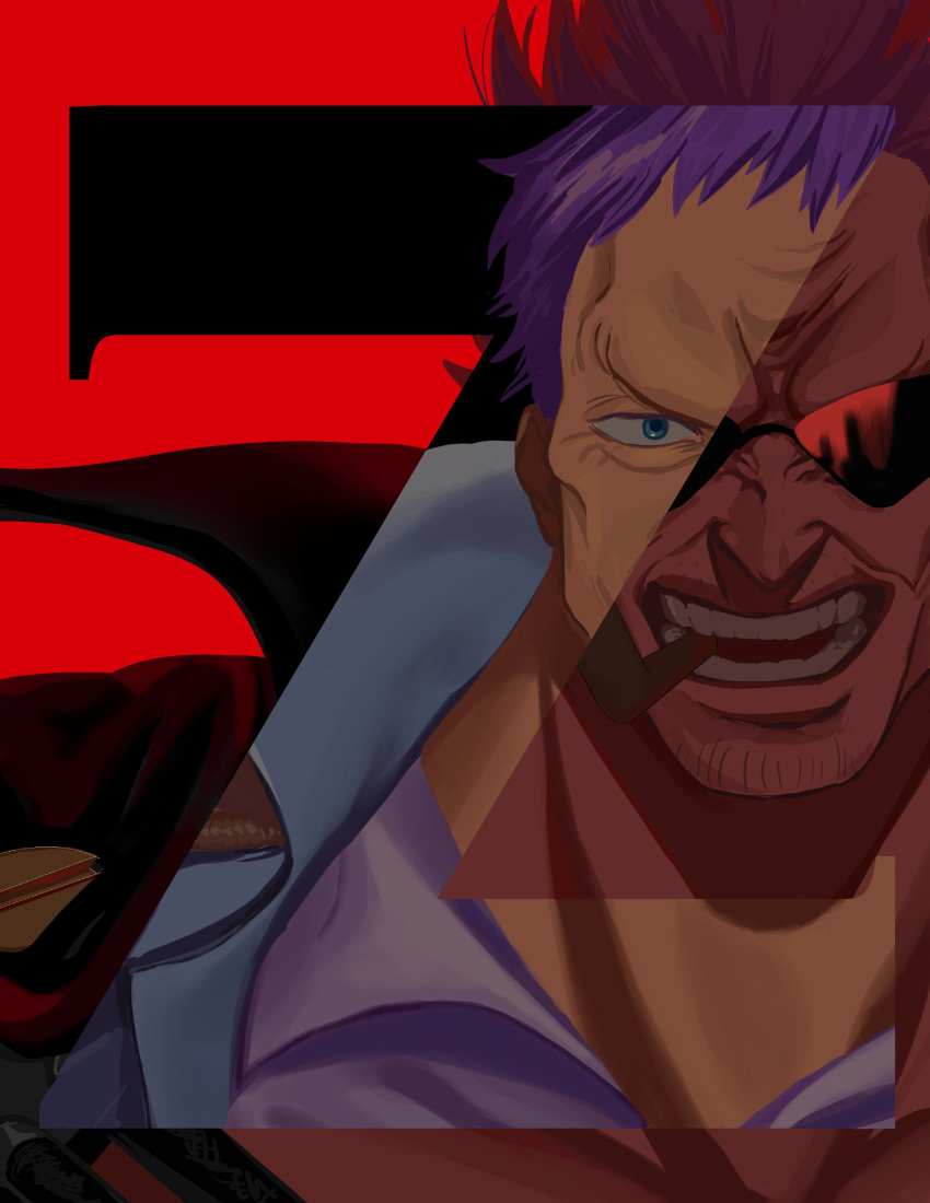1boy, absurdres, character_name, facial_hair, highres, looking_at_viewer, one_piece, one_piece_film:_z, open_mouth, pipe_in_mouth, purple_hair, red_background, short_hair, smile, smoking, smoking_pipe, solo, solo_focus, sunglasses, teeth, yao_yasan, zephyr_(one_piece)