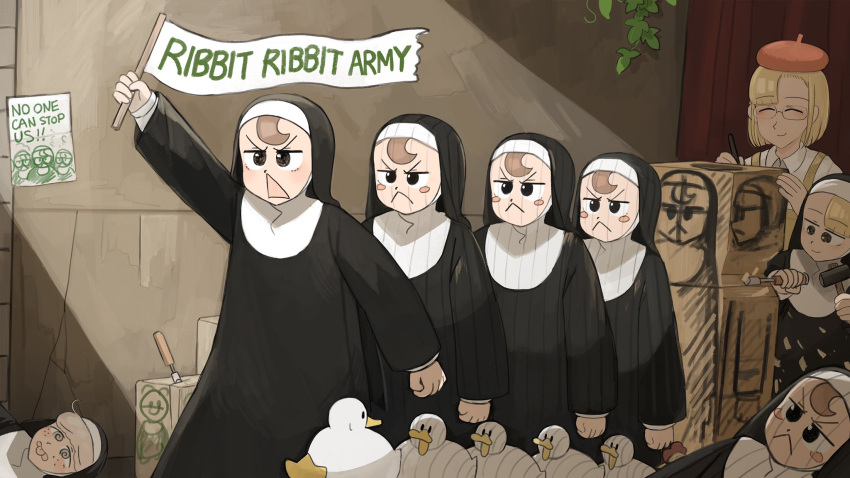 4girls, @_@, beret, bird, blonde_hair, brown_eyes, brown_hair, catholic