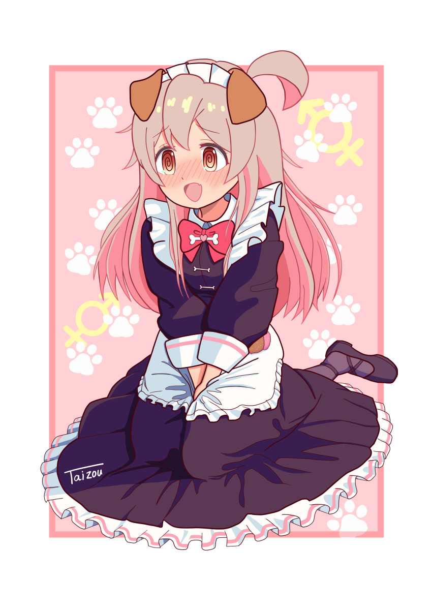1girl, @_@, absurdres, ahoge, animal_ears, apron, artist_name, blush