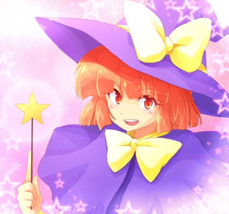 blush_stickers, bow, cape, hanjuku_tomato, hat, hat_ribbon, kirisame_marisa, kirisame_marisa_(pc-98), open_mouth, red_eyes, red_hair, redhead, ribbon, short_hair, smile, solo, star, touhou, touhou_(pc-98), wand, witch_hat