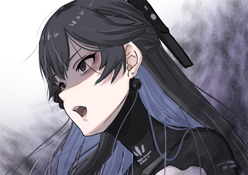 1girl, absurdres, black_bodysuit, black_eyes, black_hair, blue_hair, bodysuit, earrings