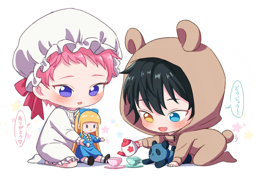 2boys, aged_down, animal_ears, black_hair, blonde_hair, blue_bow, blue_dress, blue_eyes