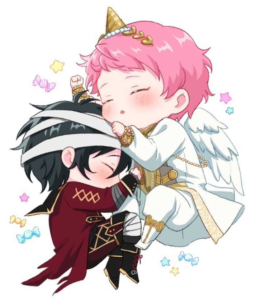 2boys, ahoge, bandages, black_hair, blush, candy, commentary, english_commentary, ensemble_stars!, feathered_wings, food, full_body, horns, itsuki_shu, kagehira_mika, long_sleeves, magical_halloween_(ensemble_stars!), male_focus, multiple_boys, official_alternate_costume, one_eye_closed, pants, parted_lips, pink_hair, sekai_yoni, short_bangs, short_hair, single_horn, sleeping, soleil_(ensemble_stars!), star_(symbol), valkyrie_(ensemble_stars!), white_pants, white_wings, wings